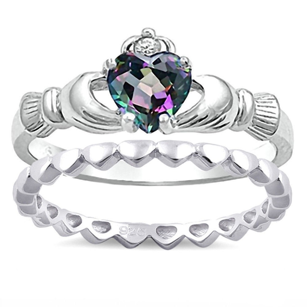 Sterling Silver Claddagh Ring Match Heart Band Set